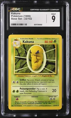 1999 Base Set Pokemon Kakuna CGC 9 33/102 - Image 1