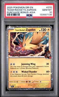 2025 POKEMON DRI EN-DESTINED RIVALS #070 TEAM ROCKET'S ZAPDOS PSA 10 - Image 1