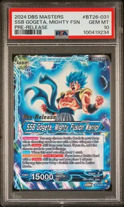 PSA 10 SSB Gogeta, Mighty Fusion Warrior Pre-Release Dragonball Super Card Game - Image 1