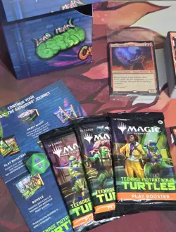MTG TMNT Prerelease Bundle 5 Packs (2 EOE Promo) + 80 Cards (1 Mythic/4 Rares)! - Image 2