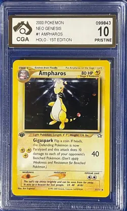2000 Pokemon 1st Edition CGA 10 Pristine AMPHAROS Holo - 1/111 Neo Genesis WOTC - Image 1