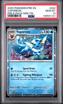 2025 Pokemon Prismatic Evolutions Vaporeon 022/131 Cosmos Holo PSA 10 2x Swirls - Image 1
