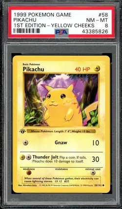 PSA 8 Pikachu 1st Base Set 58/102 Shadowless Yellow Cheeks Pokemon 1999 Edition - Image 1