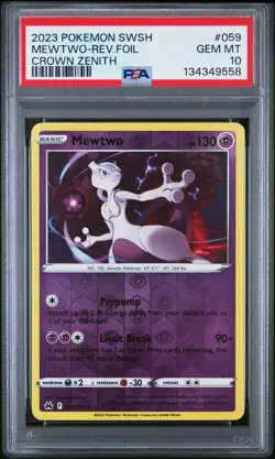 2023 POKEMON SWORD & SHIELD CROWN ZENITH #059 MEWTWO-REVERSE FOIL PSA 10 - Image 1