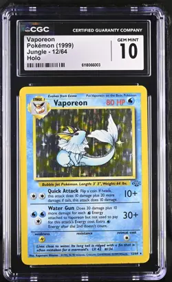CGC 10 GEM MINT Vaporeon 1999 Jungle 12/64 Holo Pokemon Card - Image 1