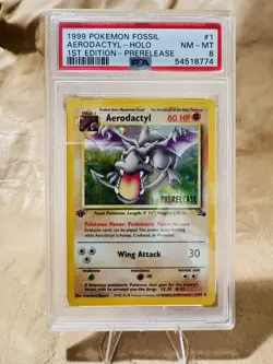 POKEMON Aerodactyl 1/62 Fossil 1st Edition Prerelease Holo PSA 8 1999 - Image 1