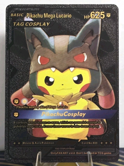 Pokemon Pikachu Mega Lucario Tag Cosplay Black Vinyl Gold Foil Fan Art Card TCG - Image 1