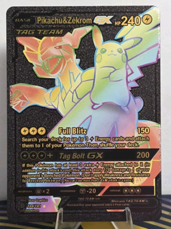 Pokemon Pikachu Zekrom GX Tag Team Black Vinyl Gold Foil Fan Art Card Rainbow - Image 1