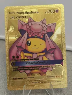 Pokemon Pikachu Mega Diancie Tag Cosplay Poncho Gold Foil Fan Art Collector Card - Image 1