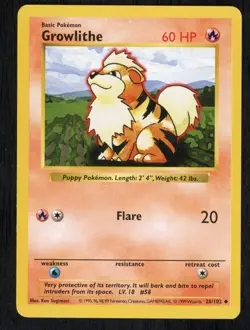 Growlithe 028/102 Base Set (Shadowless) Pokemon Card NM - Image 1