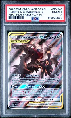 2020 POKEMON SM BLACK STAR PROMO TAG TEAM POWERS COLL UMBREON & DARKRAI GX PSA 8 - Image 1
