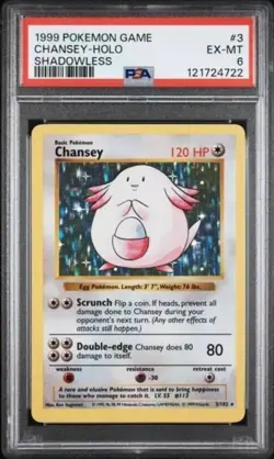 1999 POKEMON BASE SET SHADOWLESS #3 CHANSEY-HOLO PSA 6 New Cert - Image 1
