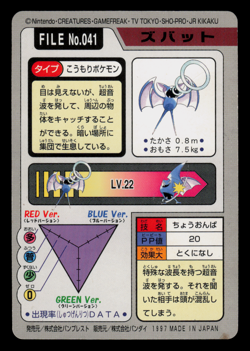 HP - Pokemon Zubat File No. 041 Pocket Monsters Bandai Carddass Japanese - Image 2