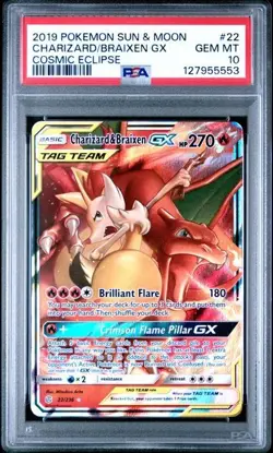 2019 Pokemon Charizard & Braixen GX Tag Team #22 PSA 10 GEM MINT Cosmic Eclipse - Image 2