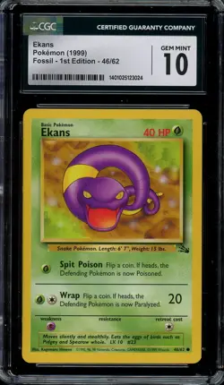 Ekans Pokemon 1999 Fossil Unlimited Common 46/62 WOTC CGC 10 GEM MT - Image 1