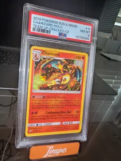 Pokemon 2019 Sun & Moon Team Up Cracked Ice #14 Charizard-Holo PSA 8 - Image 1