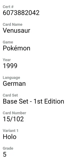1999 Pokemon German Bisaflor (Venusaur) - Holo 1st Edition PSA 5 - Image 2