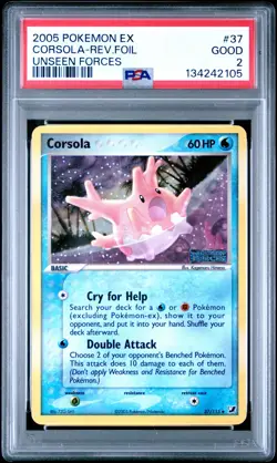 2005 POKEMON EX UNSEEN FORCES #37 CORSOLA-REVERSE FOIL PSA 2 - Image 1