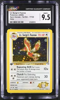 Pokemon Lt. Surge's Fearow 1st Edition Gym Heroes Holo 7/132 - CGC 9.5 Mint+ - Image 1