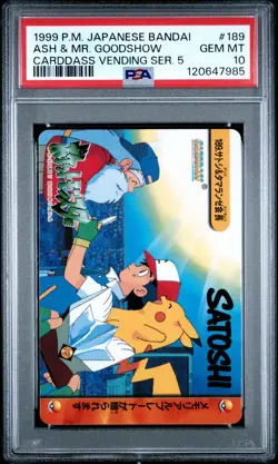 1999 POKEMON JPN BANDAI CARDDASS VENDING SER 5 #189 ASH & MR. GOODSHOW PSA 10 - Image 1