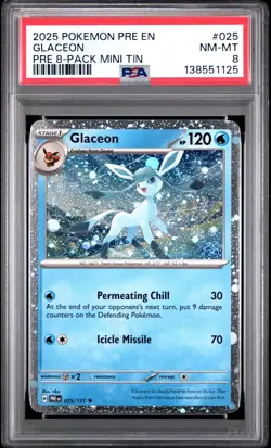 2025 Pokemon Prismatic Evolutions Glaceon 025/131 Cosmos Holo PSA 8 3x Swirls - Image 1
