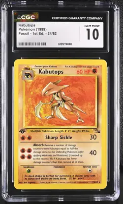 CGC 10 GEM MINT Kabutops 1999 Fossil 1st Edition 24/62 Pokemon Card - Image 1
