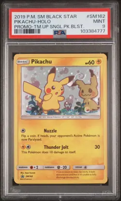 Pikachu 2019 Pokemon Sun Moon Team Up Promo #SM162 PSA 9 PERFECT SWIRL LOCATION! - Image 1