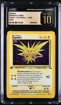 Zapdos 15/62 1st Edition Holo Pokemon Fossil CGC Pristine 10 - Image 1