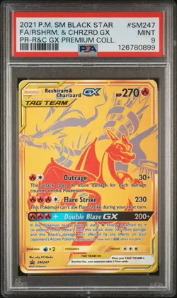PSA 9 Reshiram & Charizard GX SM247 Gold Promo Premium Collection English Mint - Image 1