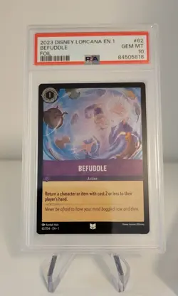 Lorcana PSA 10 Foil Befuddle Merlin 62/204 Pre-Errata Error Card Disney Chap 1 - Image 1