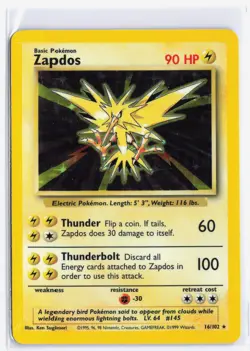 Pokemon Holo Rare Base Set 1999 Zapdos Card 16/102 Unlimited Edition - Image 1