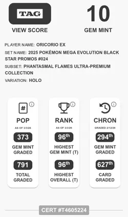 Tag 10- Oricorio ex 024 Black Star Promo MEP Pokemon English Gem Mint 10 - Image 3