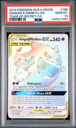 2019 Pokemon Sun & Moon 186 Genger & Mimikyu GX Secret-FA Gem Mint PSA 10 !! - Image 1