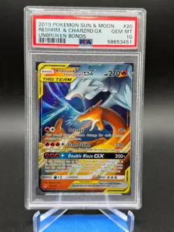 2019 POKEMON SUN & MOON UNBROKEN BONDS #20 RESHIRAM & CHARIZARD GX PSA 10 - Image 1