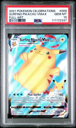 2021 POKEMON CELEBRATIONS #009 FULL ART/SURFING PIKACHU VMAX PSA 10 - Image 1