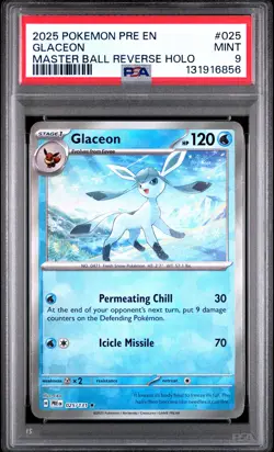 2025 POKEMON PRE EN-PRISMATIC EVOLUTIONS MASTER BALL REVERSE HOLO GLACEON PSA 9 - Image 1