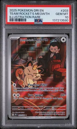 PSA 10 Team Rocket's Meowth 203/182 IR Destined Rivals DRI 2025 Pokemon - Image 1