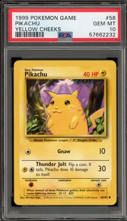 Pokemon Pikachu Base Set Unlimited Yellow Cheeks #58 PSA 10 Gem Mint - Image 1