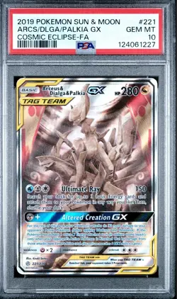 2019 Pokemon S&M Cosmic Eclipse Arceus Dialga Palkia GX 221/236 Full Art PSA 10 - Image 1