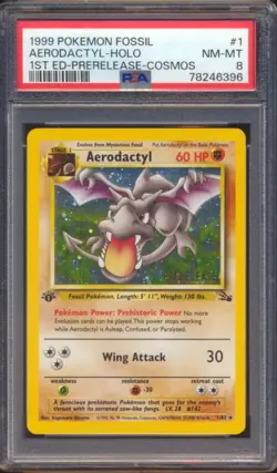 1999 POKEMON FOSSIL AERODACTYL 1ST EDITION PRERELEASE HOLO #1 PSA 8! CLEAN! - Image 1