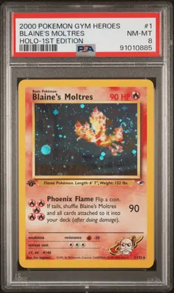PSA 8 BLAINE'S MOLTRES HOLO 🌀 SWIRL 1ST EDITION 2000 POKEMON GYM HEROES #1 - Image 1
