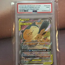 2019 Pokemon Black Star Promo Eevee & Snorlax GX Fa TAG Team Tins PSA 9 #SM169 - Image 1