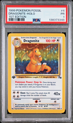 PSA 1 1ST EDITION 1999 Pokemon Fossil Dragonite Holo 4/62 Holo Foil WOTC - Image 1
