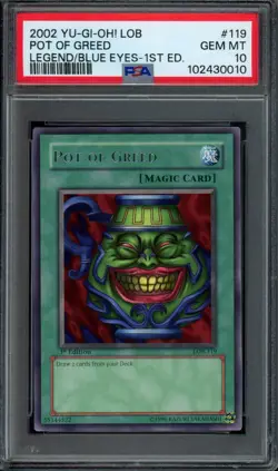 2002 YU-GI-OH! LOB-LEGEND OF BLUE EYES WHITE DRAGON 1ST ED POT OF GREED PSA 10 - Image 1