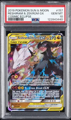 2019 POKEMON SUN & MOON COSMIC ECLIPSE #157 RESHIRAM & ZEKROM GX PSA 10 - Image 1
