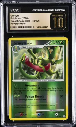 2008 POKEMON GREAT ENCOUNTERS - REVERSE HOLO #40/106 GROVYLE CGC 10 PERFECT - Image 1