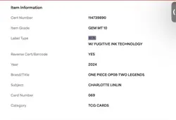 2024 One Piece Charlotte Linlin (Parallel) OP08-069 Two Legends Foil Psa 10 - Image 4