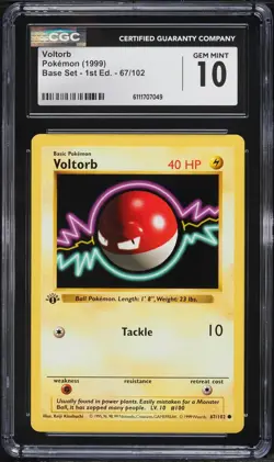 Pokemon Voltorb Base Set Shadowless 1st Edition #67 CGC 10 GEM MINT - Image 1