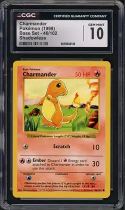 Pokemon CGC 10 Gem Mint Shadowless Base Set Common Charmander 46/102 - Image 1