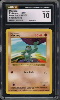Pokemon CGC 10 Gem Mint Shadowless Base Set Common Machop 52/102 - Image 1